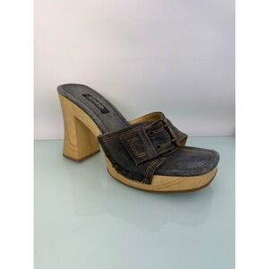 Splash Vintage Y2K Denim Platform Mules Square Toe Faux Wood Block Heel Blue 9
